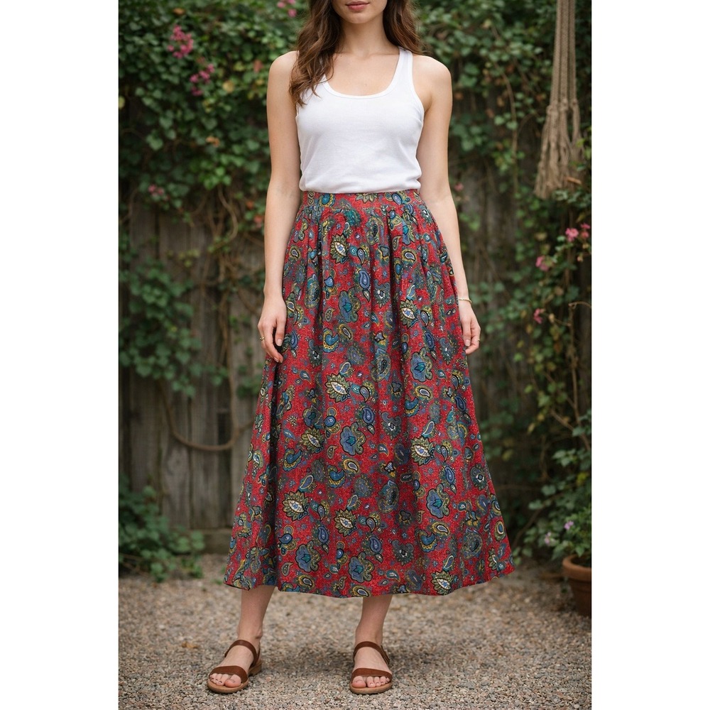Casablanca Skirt Women's Size 12 Red Paisley Bohemian Pleated Flowy Summer Japan